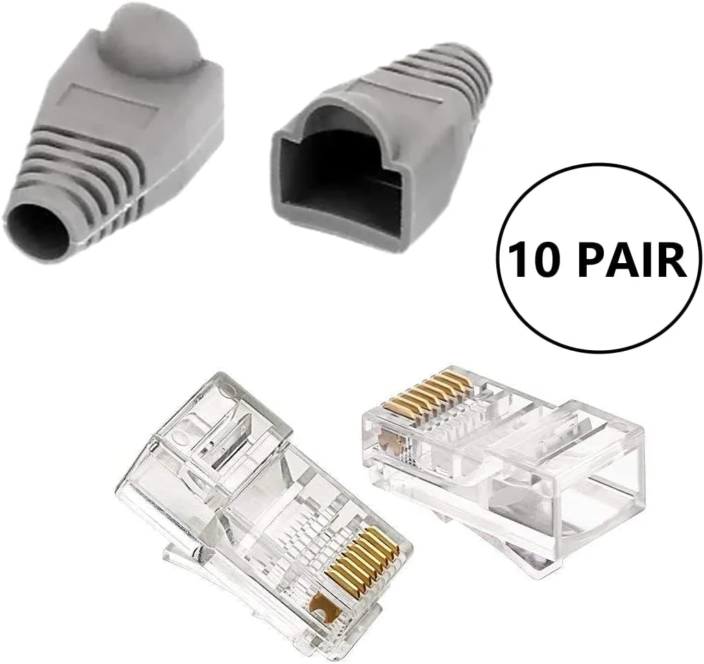 Poaker 10Pcs Cat6 RJ45 Connectors with Grey Strain-Relief Boots – Secure, High-Speed Termination for Cat6/Cat5e Ethernet Cables in Home, Office & Gigabit Networking Poaker 10Pcs Cat6 RJ45 Connectors with Grey Strain-Relief Boots – Secure, High-Speed Termination for Cat6/Cat5e Ethernet Cables in Home, Office & Gigabit Networking