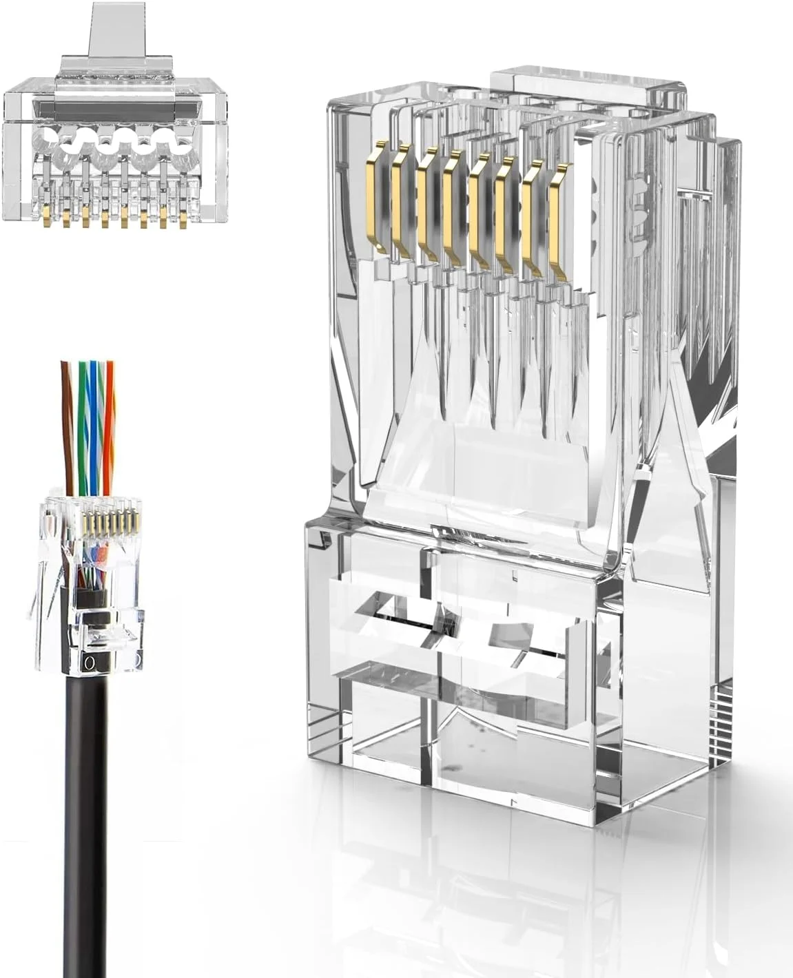 کانکتورهای عبوری RJ45، بسته 50 عددی CableCreation Cat6/Cat5e پلاگ ماژولار با روکش طلا کانکتور چین دار بدون شیلد برای کابل اترنت UTP مفتولی یا رشته ای