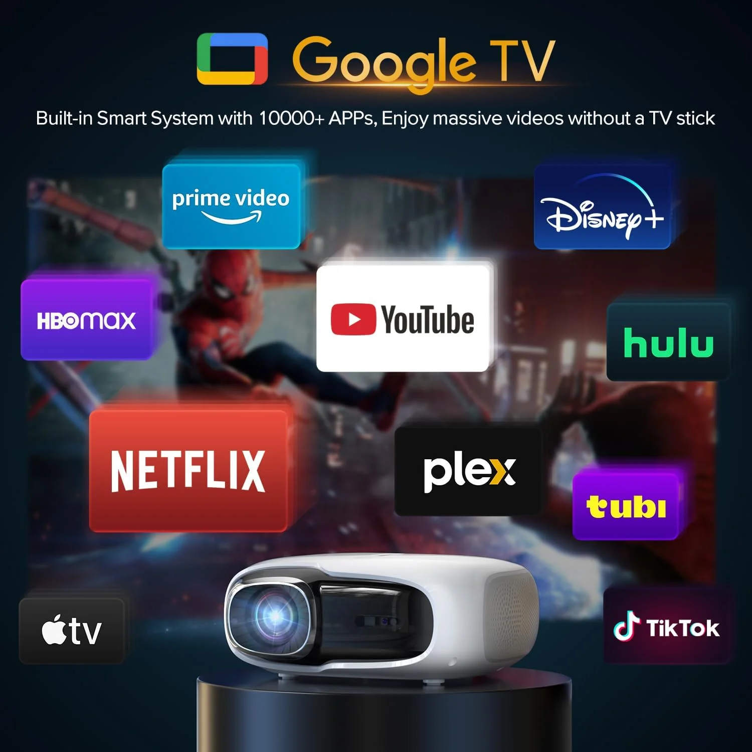 پروژکتور [دارای مجوز Google TV و کنترل صوتی]، پروژکتور هوشمند 1080P مناسب فضای باز با WiFi و بلوتوث، فوکوس خودکار و Keystone، پروژکتور ویدئویی فیلم، پروژکتور کوچک قابل حمل سینمای خانگی برای iOS/Android