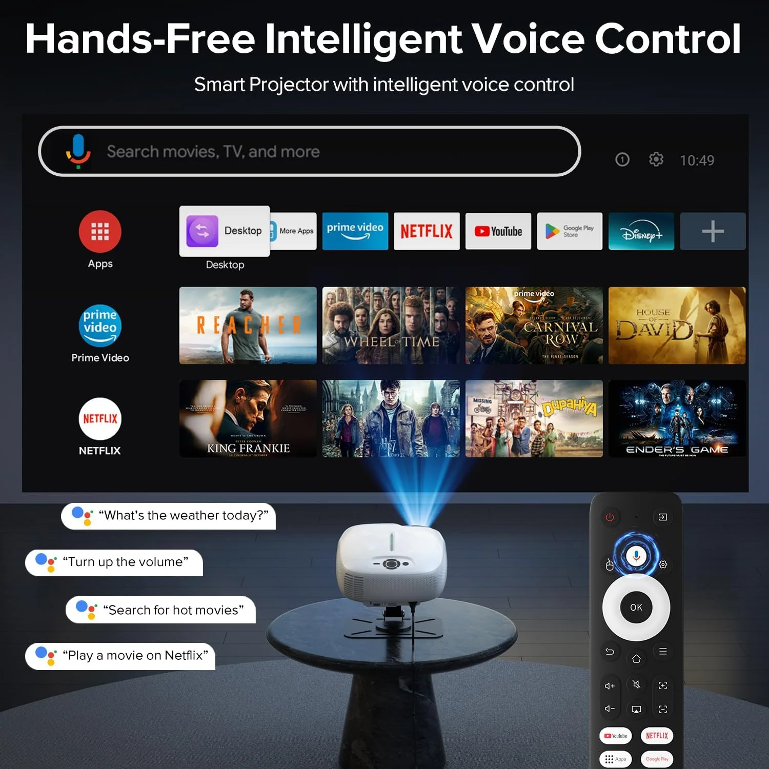 پروژکتور [دارای مجوز Google TV و کنترل صوتی]، پروژکتور هوشمند 1080P مناسب فضای باز با WiFi و بلوتوث، فوکوس خودکار و Keystone، پروژکتور ویدئویی فیلم، پروژکتور کوچک قابل حمل سینمای خانگی برای iOS/Android