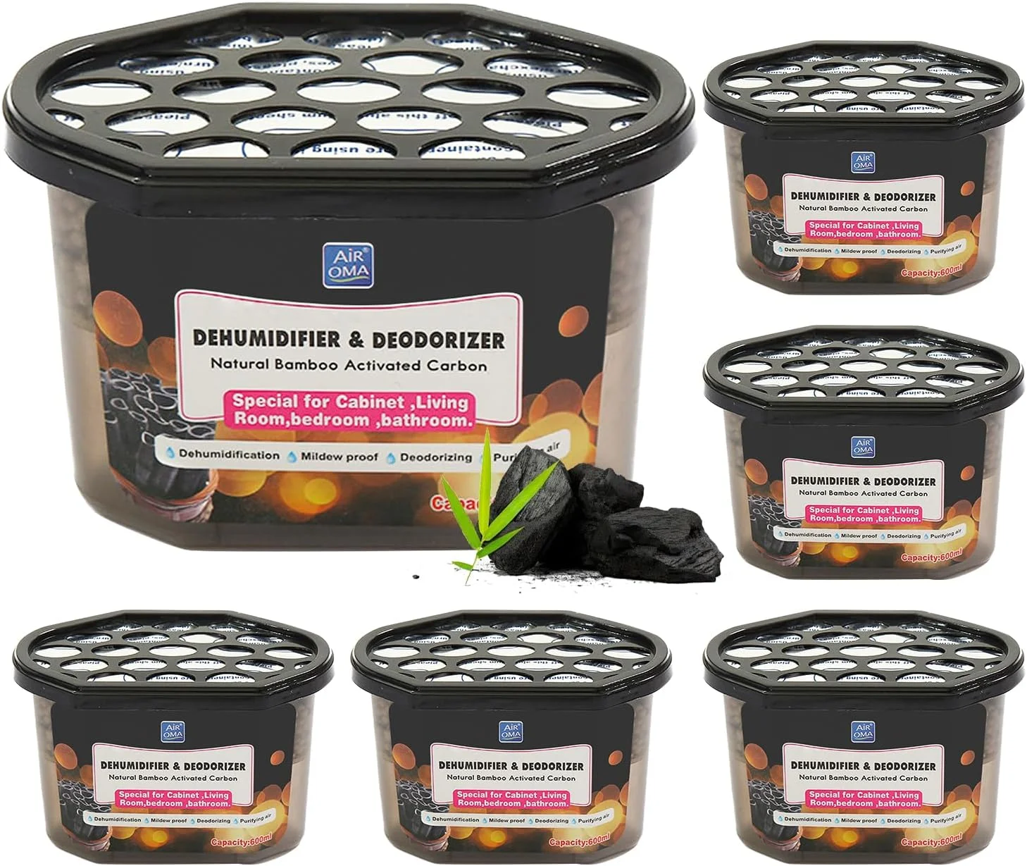 هومارکت، بسته 6 عددی رطوبت گیر خانگی با کربن فعال، جذب کننده رطوبت و از بین برنده بو، ضد رطوبت، ضد کپک، خوشبو کننده و نم گیر کمد لباس، از بین برنده بوی نم، کپک و ماندگی