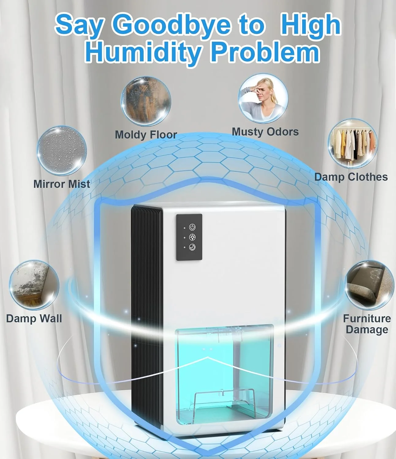 رطوبت گیر خانگی، رطوبت گیر قابل حمل 2.5 لیتری برای اتاق خواب با خاموش شدن خودکار، رطوبت گیر کوچک FRESHDEW (90 متر مربع) با نور LED 7 رنگ برای حمام، اتاق خواب، کمد لباس، کاروان