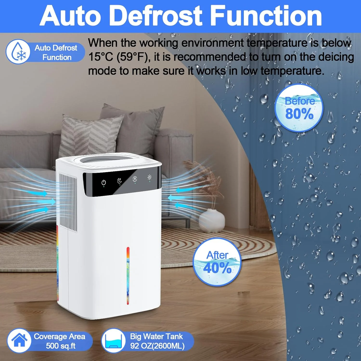 دستگاه رطوبت گیر خانگی - رطوبت گیر اتاق خواب با خاموشی خودکار، رطوبت گیر کوچک قابل حمل کم مصرف و بی صدا با یخ زدایی خودکار و چراغ های LED، حالت خواب، رطوبت گیر کوچک 2.6 لیتری برای حمام، دفتر، RV - سفید