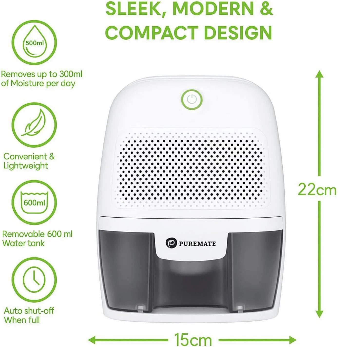 رطوبت گیر کوچک با مخزن آب 600 میلی لیتری، رطوبت زدای قابل حمل فوق العاده بی صدا پلتیر برای اتاق خواب 20 متر مربعی / 215 فوت مربعی، حمام، کمد لباس، کاروان - خاموش شدن خودکار، LED سبز، خشک کن هوا با مصرف انرژی کارآمد DH500A