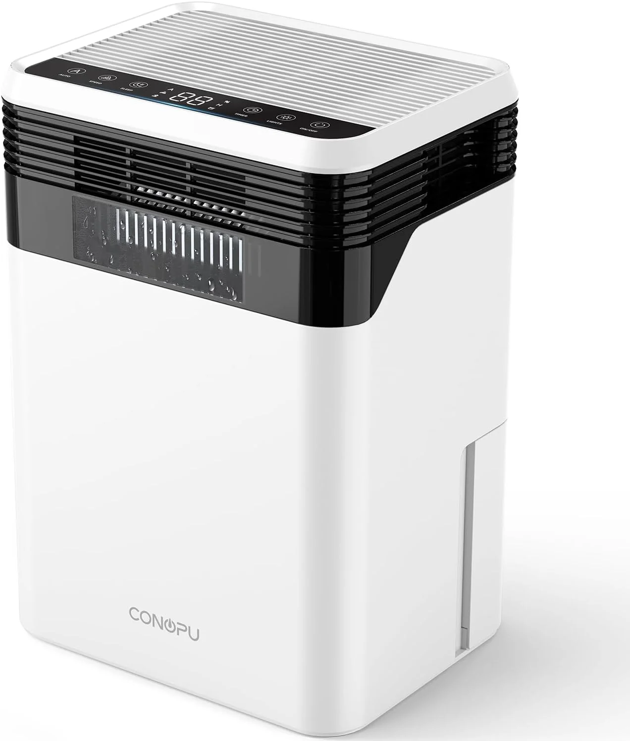 دستگاه رطوبت گیر خانگی CONOPUPlus، با ظرفیت 3000 میلی لیتر، دارای 4 فناوری نیمه هادی، حالت خواب، یخ زدایی خودکار، نمایش رطوبت در زمان واقعی، تایمر 24 ساعته، 33 دسی بل