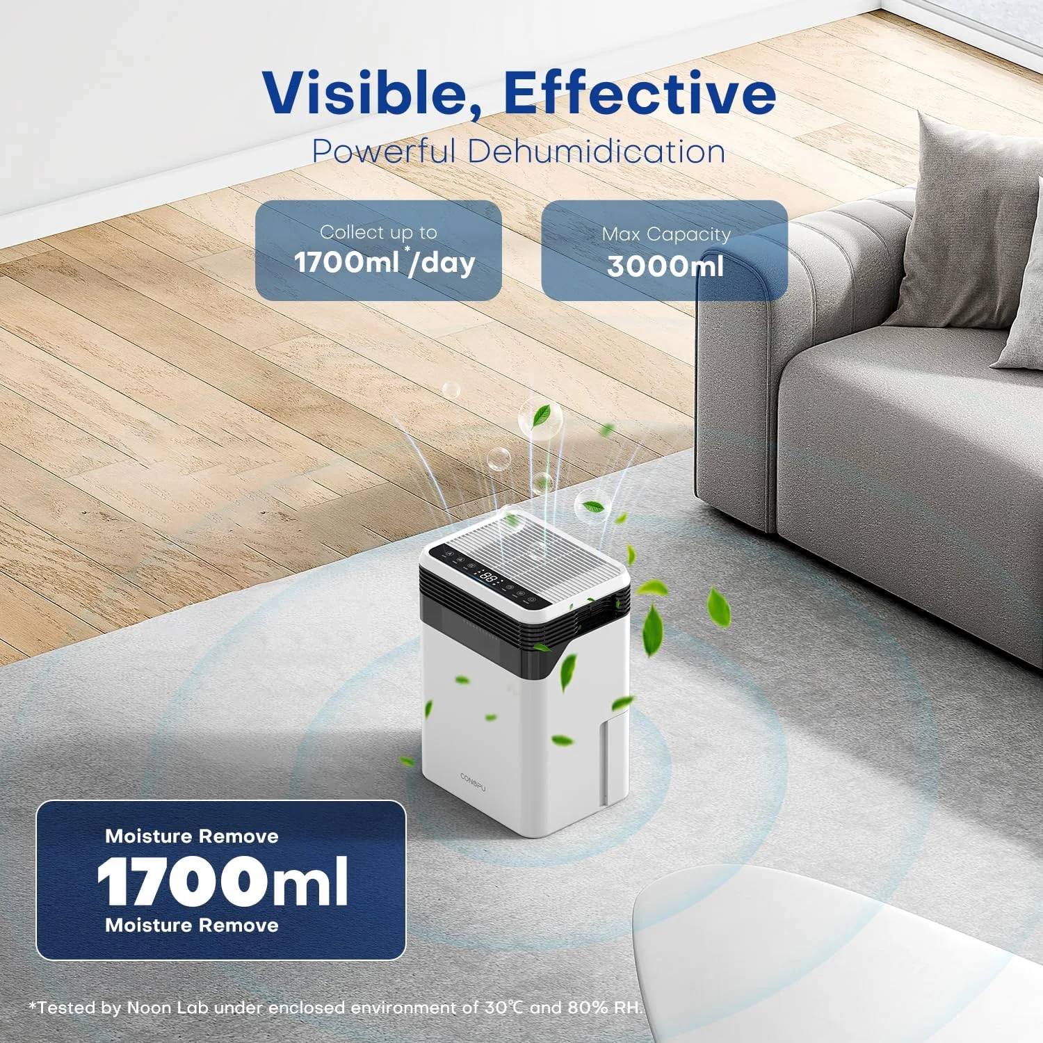 دستگاه رطوبت گیر خانگی CONOPUPlus، با ظرفیت 3000 میلی لیتر، دارای 4 فناوری نیمه هادی، حالت خواب، یخ زدایی خودکار، نمایش رطوبت در زمان واقعی، تایمر 24 ساعته، 33 دسی بل
