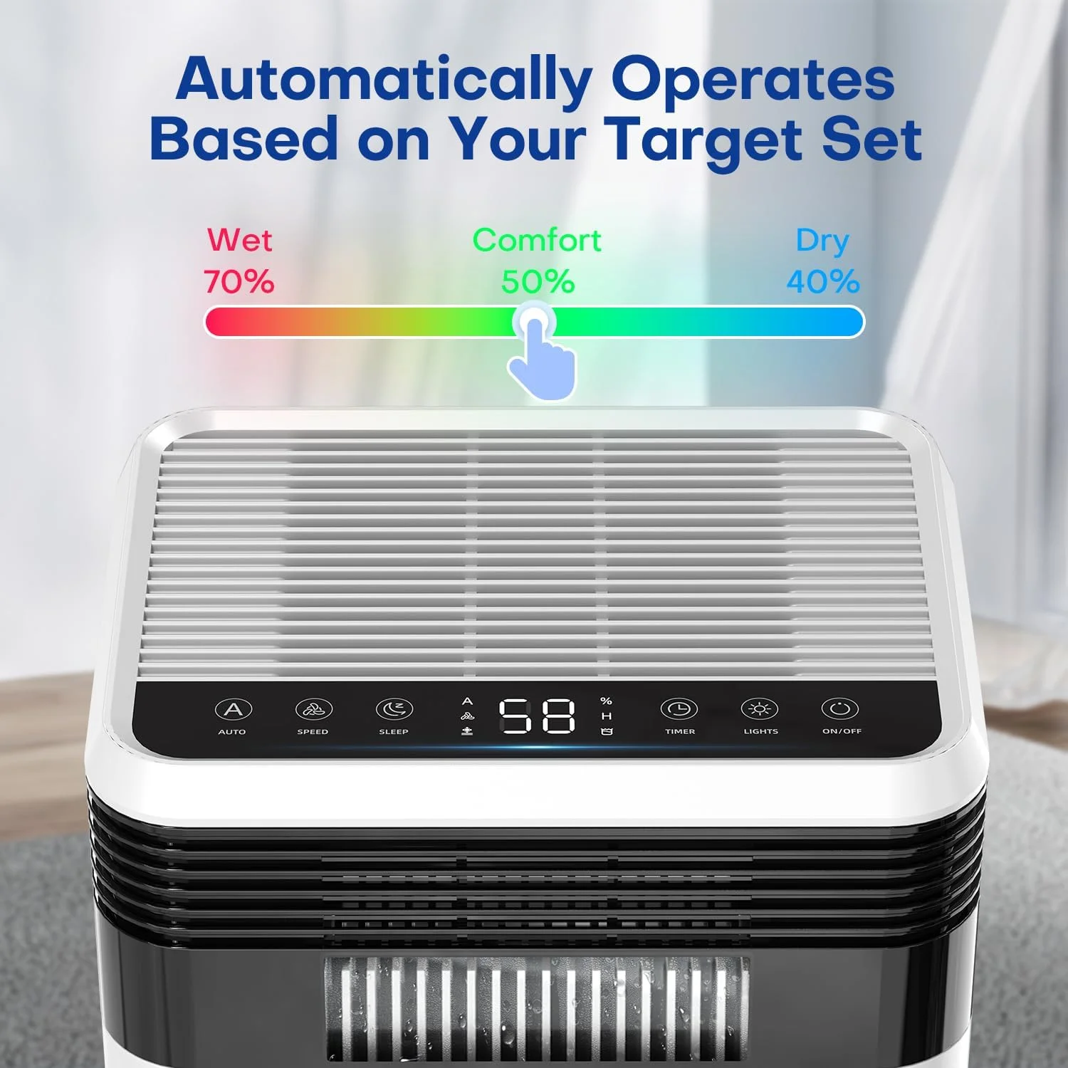 دستگاه رطوبت گیر خانگی CONOPUPlus، با ظرفیت 3000 میلی لیتر، دارای 4 فناوری نیمه هادی، حالت خواب، یخ زدایی خودکار، نمایش رطوبت در زمان واقعی، تایمر 24 ساعته، 33 دسی بل