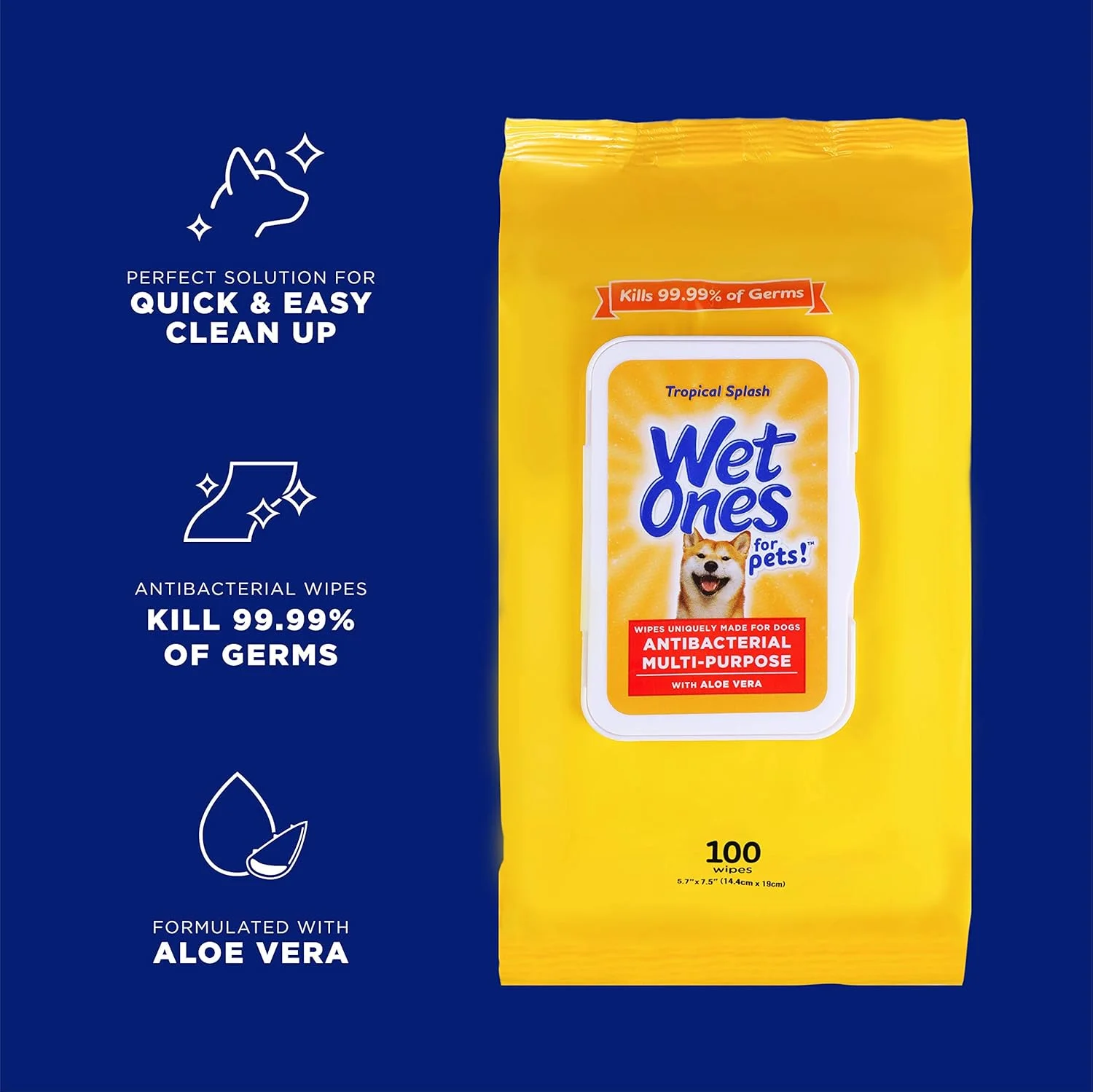 دستمال مرطوب سگ Wet Ones برای حیوانات خانگی، چند منظوره، ضد باکتریال، حاوی آلوئه ورا، 100 عدد - بسته 3 عددی | دستمال مرطوب ضد باکتریال سگ برای همه سگ ها با رایحه Tropical Splash، دستمال مرطوب Wet Ones برای پنجه و کل بدن سگ