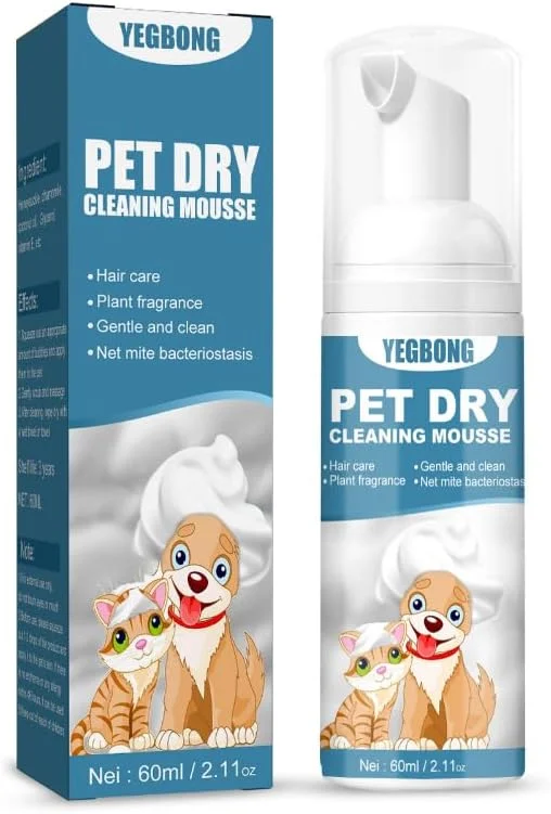 شامپو حیوانات خانگی بدون نیاز به آب، خوشبو کننده، تمیز کننده بدون حمام، از بین برنده بو، نرم کننده مو، ضد کنه، مرطوب کننده، موس تمیز کننده سگ و گربه 60 میلی لیتر