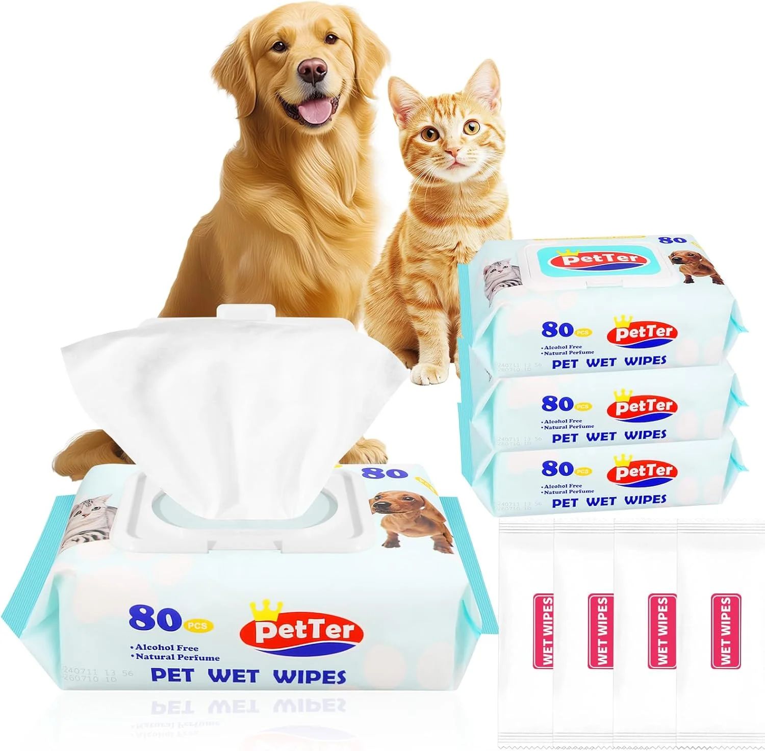 دستمال مرطوب سگ Waovacy، 80 عدد، دستمال مرطوب نظافت حیوانات خانگی برای تمیز کردن پنجه، گوش، باسن، صورت و چشم سگ و گربه، دستمال مرطوب بدون عطر و خوشبو کننده برای مراقبت روزانه حیوانات خانگی، بدون الکل (1 بسته)