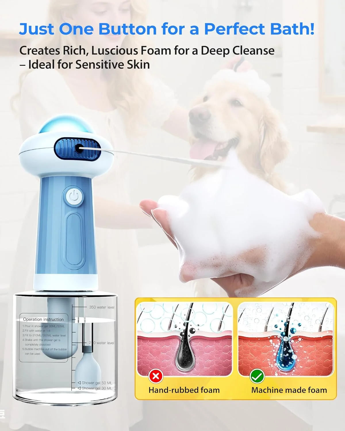 لوازم حمام سگ ضد آب ارتقا یافته، دستگاه فوم برقی دوش، دستگاه پخش صابون اتوماتیک، فوم ساز شامپو شارژ مغناطیسی، دستگاه حباب ساز برای حیوانات خانگی گربه توله سگ کودکان - آبی لوازم حمام سگ ضد آب ارتقا یافته، دستگاه فوم برقی دوش، دستگاه پخش صابون اتوماتیک، فوم ساز شامپو شارژ مغناطیسی، دستگاه حباب ساز برای حیوانات خانگی گربه توله سگ کودکان - آبی