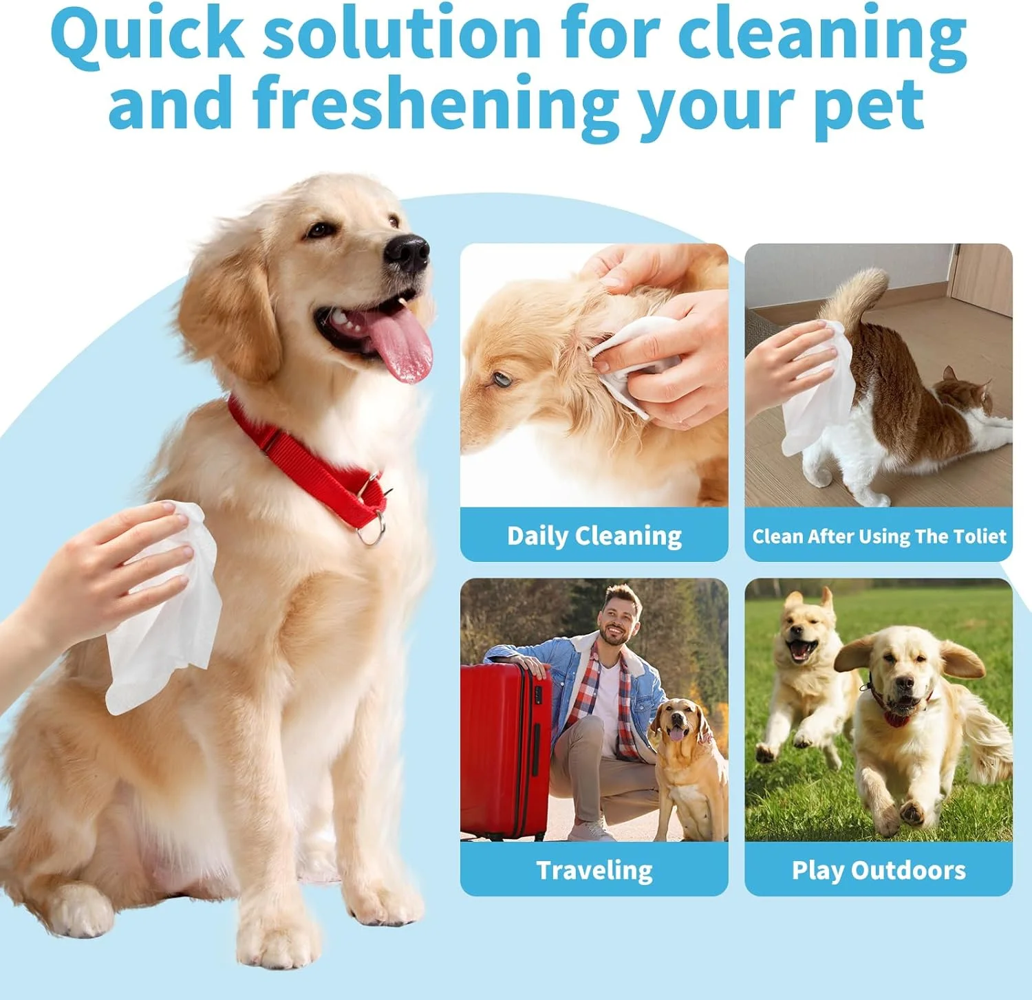 دستمال مرطوب سگ Waovacy، 80 عدد، دستمال مرطوب نظافت حیوانات خانگی برای تمیز کردن پنجه، گوش، باسن، صورت و چشم سگ و گربه، دستمال مرطوب بدون عطر و خوشبو کننده برای مراقبت روزانه حیوانات خانگی، بدون الکل (1 بسته)