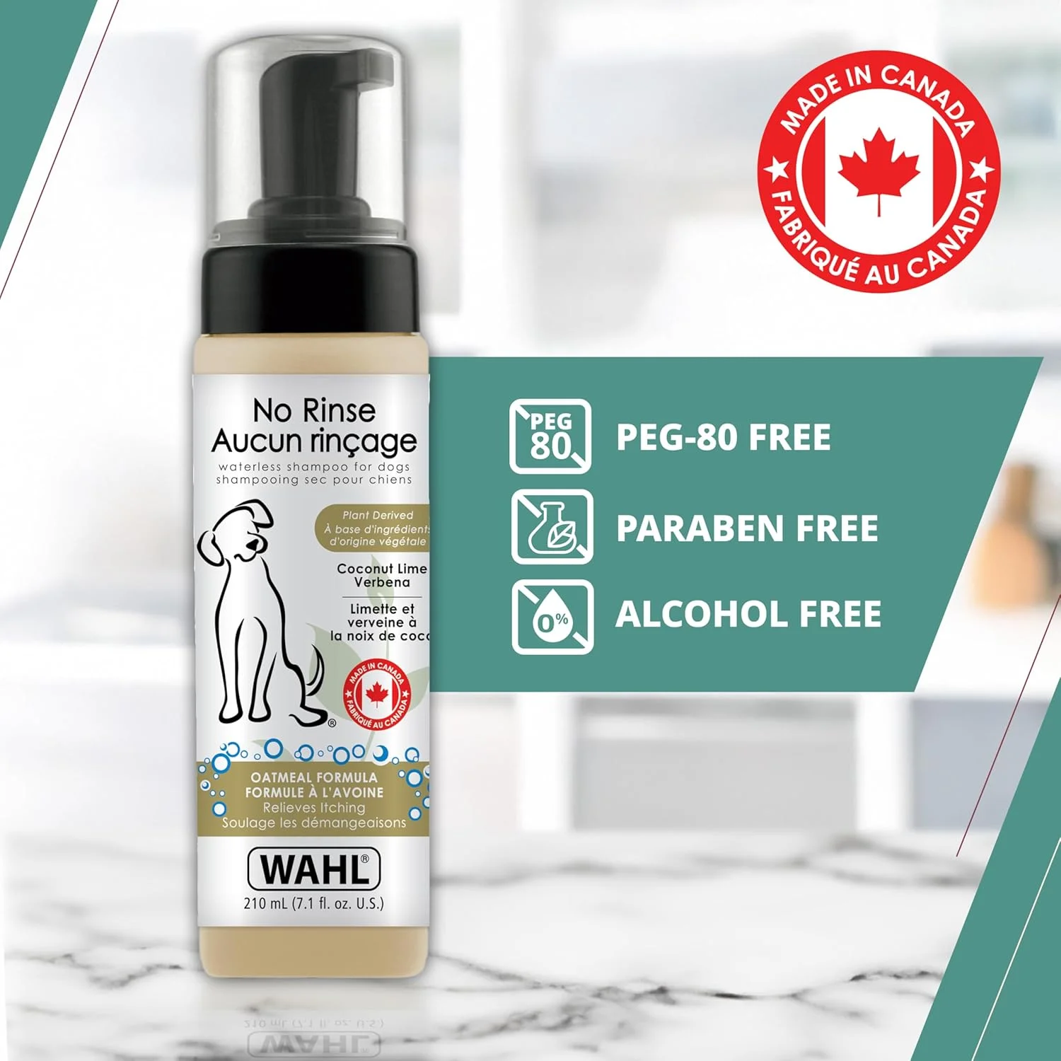 شامپو بدون نیاز به آبکشی Wahl Canada برای سگ ها، شامپو فرمولاسیون جو دوسر با رایحه نارگیل، لیمو و گل شاه پسند برای نرم کردن پوشش سگ شما، تسکین خارش، شامپو بدون آب، پخش کننده فوم، 210 میلی لیتر، مدل 59400