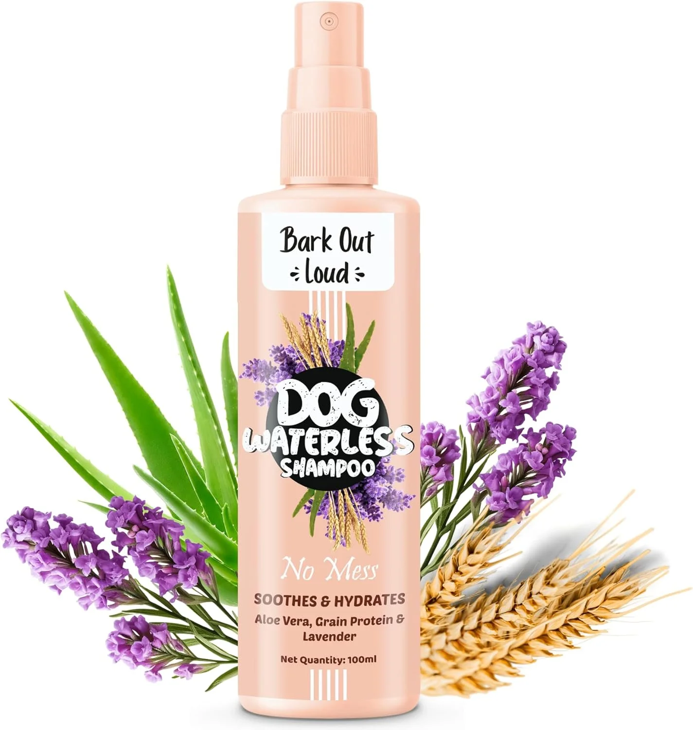 اسپری شامپو خشک سگ Bark out Loud by Vivaldis، بدون نیاز به آبکشی، حاوی آلوئه ورا، پروتئین غلات، اسطوخودوس، ضد باکتری، فرمول تسکین خارش برای مراقبت از پوشش (100 میلی لیتر)