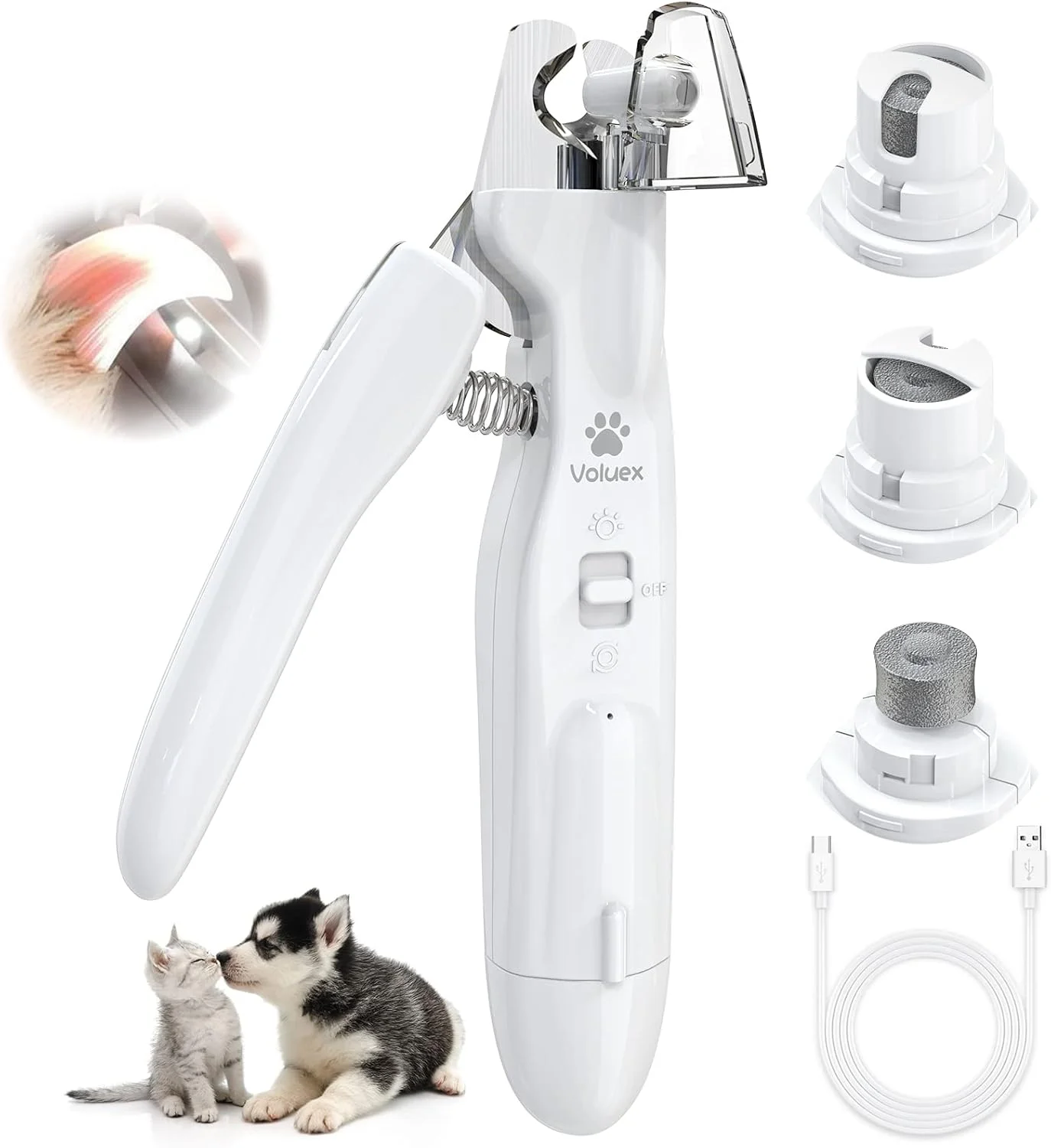 ناخن گیر برقی سگ و گربه SUPTMAX VOLUEX، ناخن گیر برقی حیوانات خانگی با چراغ، قیچی ناخن حرفه ای از جنس استیل ضد زنگ، شارژ USB مناسب حیوانات خانگی کوچک و متوسط