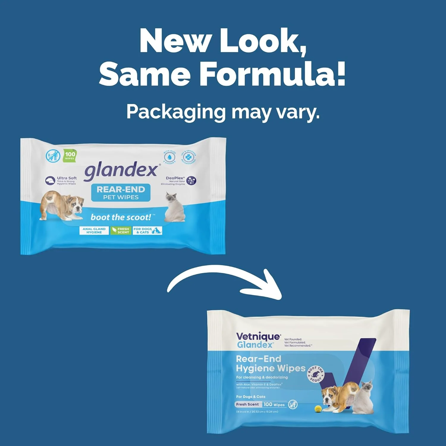دستمال مرطوب سگ و گربه Glandex Labs Vetnique برای تمیز کردن و خوشبو کردن غدد، حاوی ویتامین E، نرم کننده های پوست و آلوئه ورا (بسته 100 عددی)