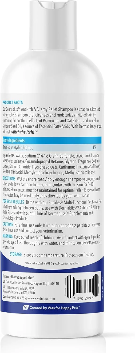 شامپو دارویی ضد خارش و ضد حساسیت سگ Dermabliss Labs Vetnique برای آلرژی و خارش با 1% پراموکسین HCL، روغن دانه گلرنگ و عصاره جو دوسر برای سگ ها و گربه ها 473 میلی لیتر