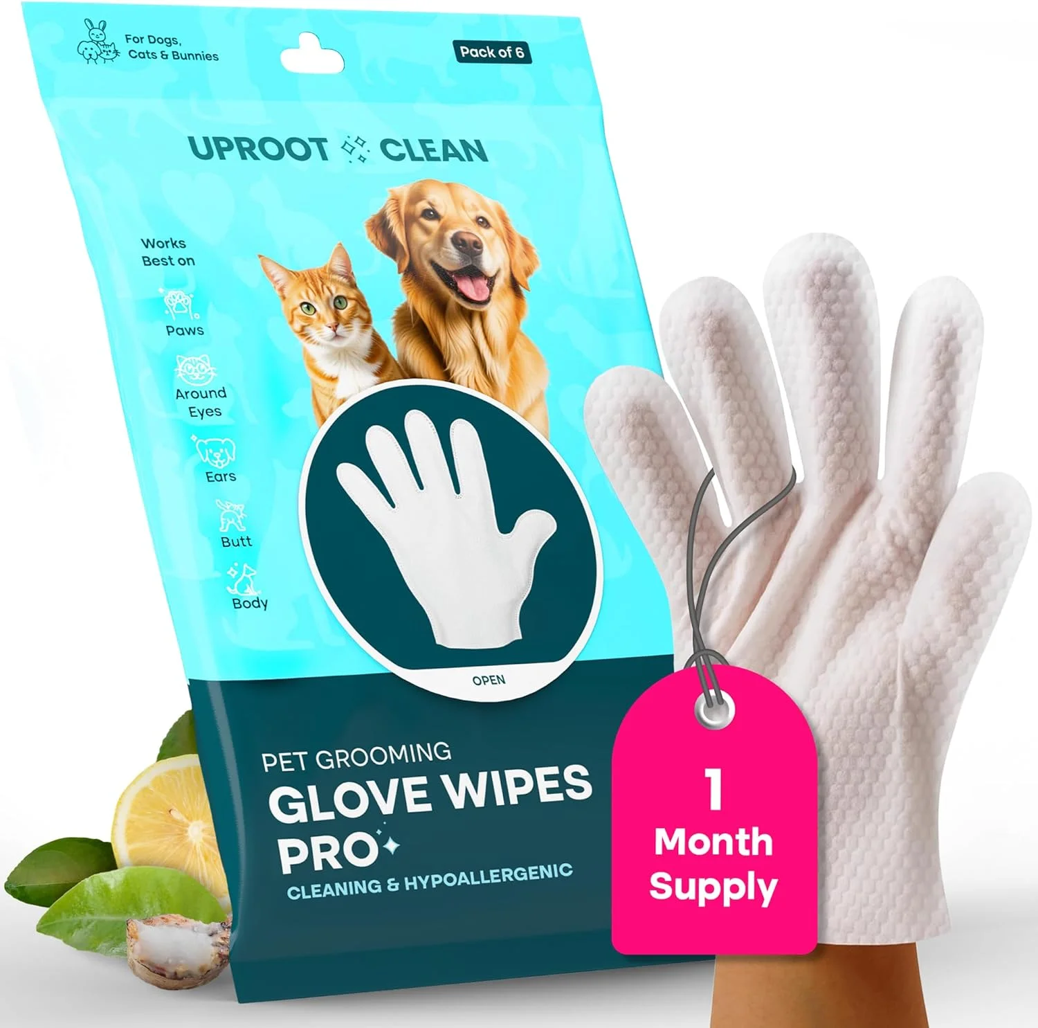 دستکش های تمیز کننده سگ Uproot Clean: بسته 6 عددی - دستکش های تمیز کننده ضخیم برای سگ و گربه - تمیز کردن آسان پنجه ها، چشم ها، گوش ها، باسن و بدن - ایمن برای لیس زدن - تمیز کننده، خوشبو کننده و مرتب کننده