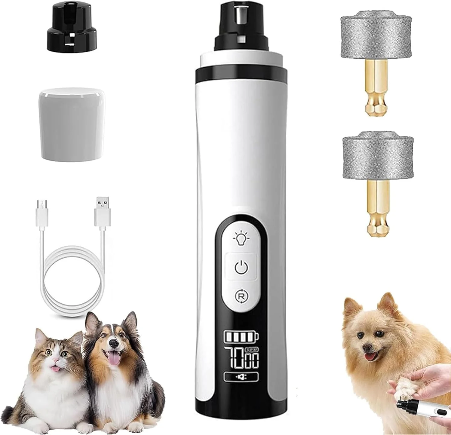 سوهان ناخن سگ ارتقا یافته Heusom با چراغ های LED، سوهان ناخن بی صدای حرفه ای بدون سیم، سوهان و تریمر ناخن بی سیم و بی صدا با 3 سرعت، سوهان ناخن اتوماتیک (1+2 سر)