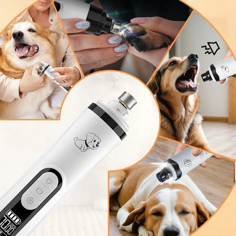 سوهان ناخن سگ ارتقا یافته Heusom با چراغ های LED، سوهان ناخن بی صدای حرفه ای بدون سیم، سوهان و تریمر ناخن بی سیم و بی صدا با 3 سرعت، سوهان ناخن اتوماتیک (1+2 سر)