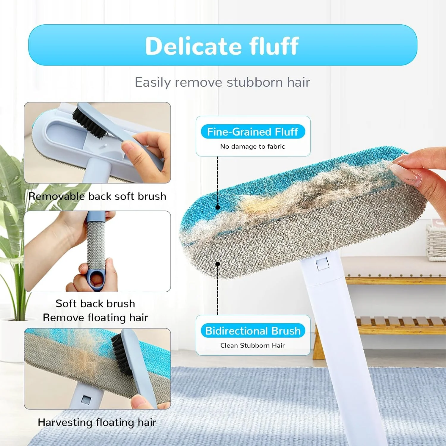 موبر چند منظوره ارتقا یافته 4 در 1 حیوانات خانگی 2025 | دسته بلند 17 اینچی برای مبل، مبلمان و فرش | برس قابل شستشو برای از بین بردن موی گربه/سگ روی لباس، لباسشویی و صندلی ماشین