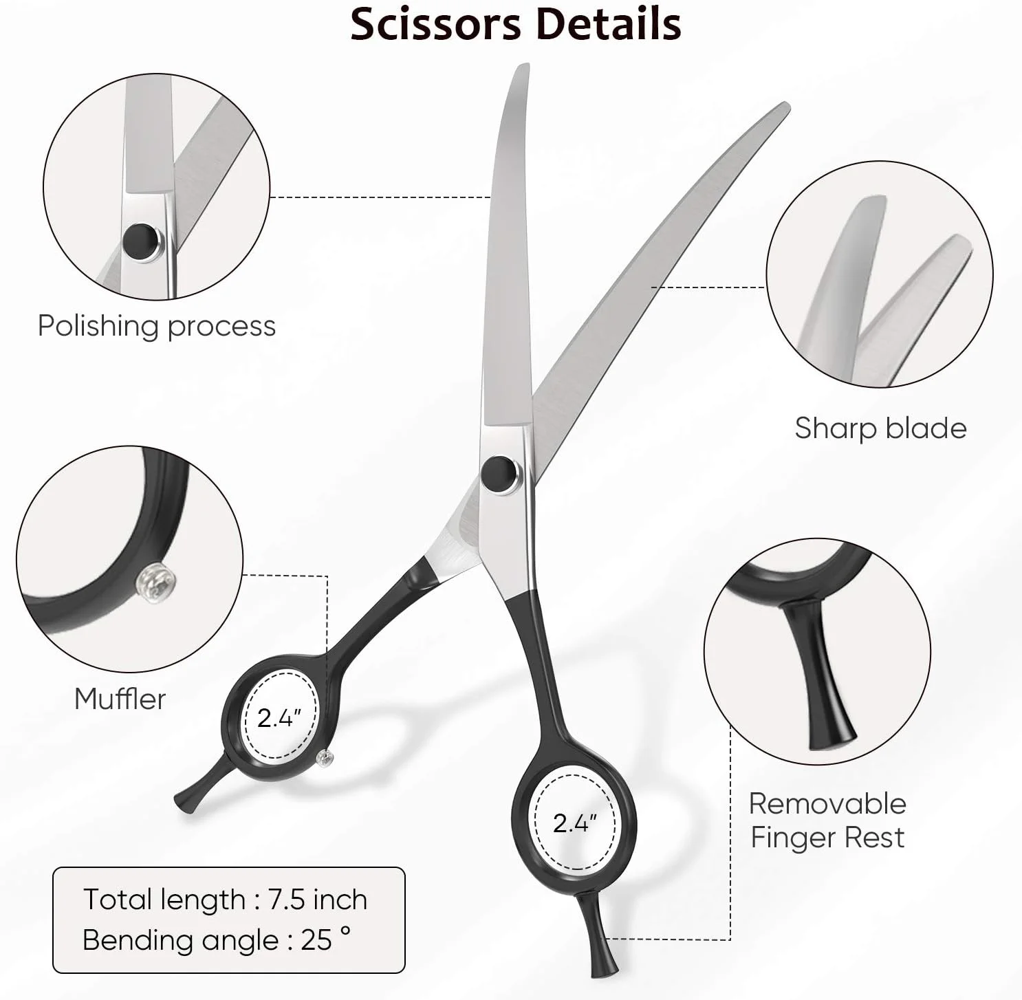 قیچی آرایشگری حیوانات خانگی ULG، 7.5 اینچ، حرفه ای، مناسب سگ و گربه، قیچی های فولاد ضد زنگ 6CR13، قیچی های خمیده، مناسب دست چپ و راست، ماشین اصلاح موی حیوانات خانگی برای سگ و گربه