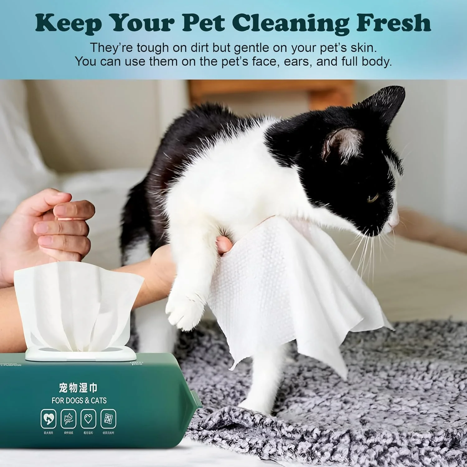دستمال مرطوب فوق العاده نرم حیوانات خانگی - بسته 80 عددی - دستمال مرطوب بزرگ و بسیار ضخیم سگ و گربه برای گوش، چشم، پنجه، بدن و باسن - دستمال مرطوب نظافتی حاوی ویتامین E برای توله سگ ها و حیوانات بالغ - تمیز کردن سریع (14 x 18 سانتی متر)
