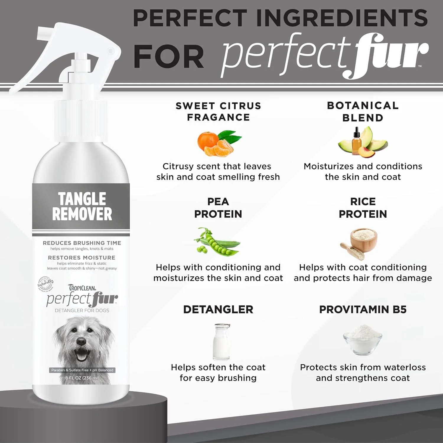 اسپری باز کننده گره مو سگ TropiClean Perfect Fur - ساخت آمریکا - فرمول باز کننده گره و درهم تنیدگی - از بین برنده گره ها و گره خوردگی ها برای برس کشیدن ملایم و آسان - مشتق شده طبیعی، 8oz