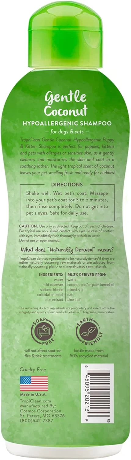 شامپو نارگیل ملایم سگ TropiClean | مناسب توله سگ با پوست حساس، تهیه شده از مواد طبیعی، مناسب بچه گربه، ساخت آمریکا، 591 میلی لیتر