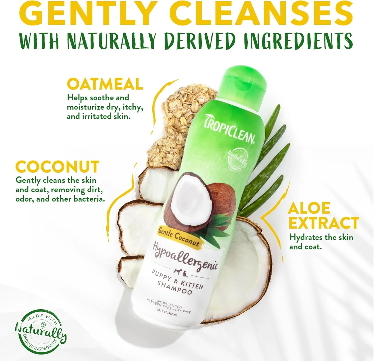 شامپو سگ TropiClean - شامپو ضد حساسیت برای توله سگ و بچه گربه، پاک کننده ملایم برای پوست های حساس - مشتق شده از مواد طبیعی - مورد استفاده آرایشگران - نارگیل ملایم، 355 میلی لیتر