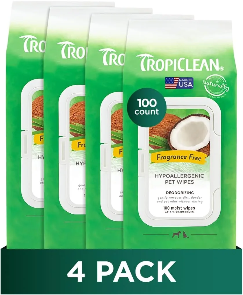 دستمال مرطوب ضد حساسیت سگ TropiClean برای پنجه و باسن | دستمال مرطوب بدون عطر برای نظافت سگ | ایمن برای صورت | مناسب توله سگ و گربه | 400 عدد