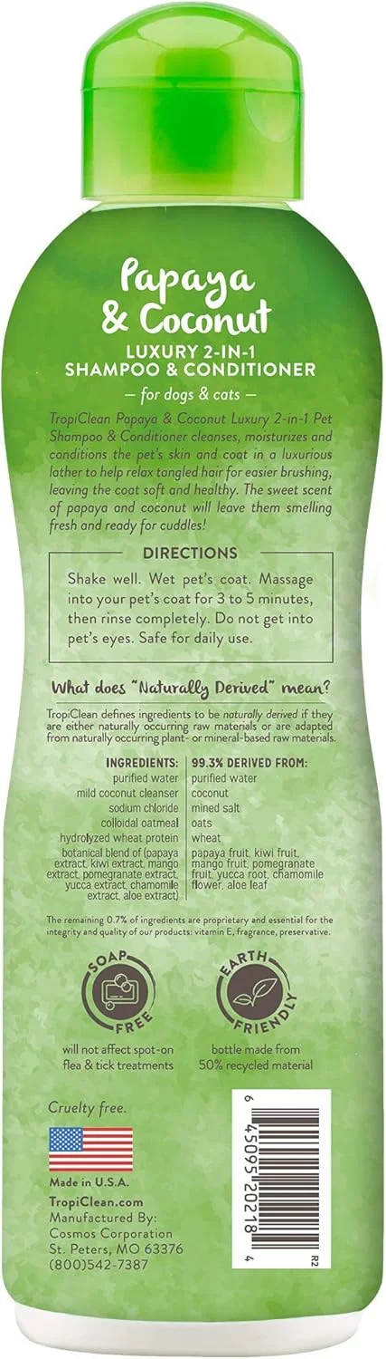 شامپو و نرم کننده 2 در 1 سگ و گربه پاپایا و نارگیل TropiClean | شامپو حیوانات خانگی طبیعی مشتق شده از مواد طبیعی | مناسب برای گربه | ساخت آمریکا | 591 میلی لیتر