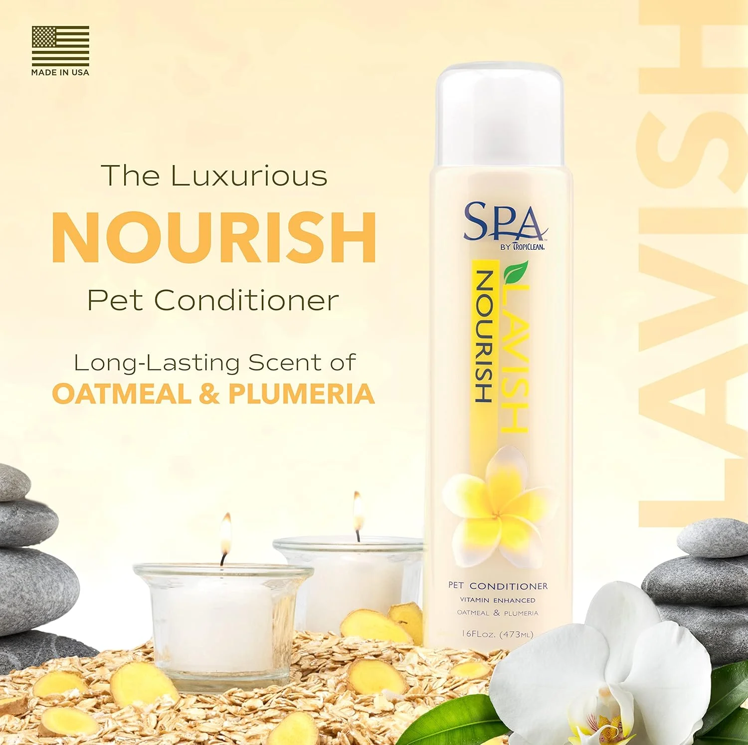 نرم کننده مغذی اسپا تروپیکلین برای حیوانات خانگی، غنی شده با ویتامین، تقویت کننده و درخشان کننده پوشش مو، برای سگ ها و گربه ها؛ ایمن برای محیط زیست، بدون ظلم به حیوانات، جو دوسر و پلومریا، 473 میلی لیتر