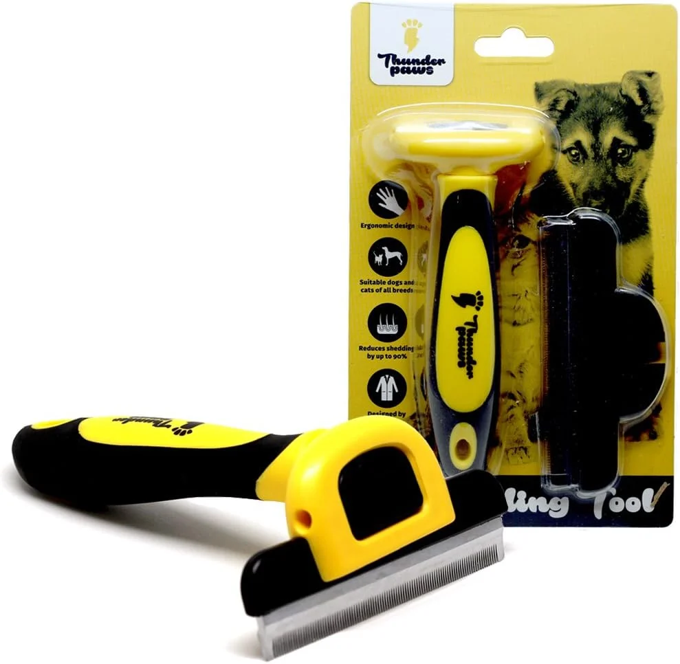 بهترین ابزار ریزش مو و برس نظافت حرفه ای حیوانات خانگی Thunderpaws، مدل D-Shedz برای نژادهای سگ و گربه با موهای کوتاه یا بلند، کوچک، متوسط ​​و بزرگ