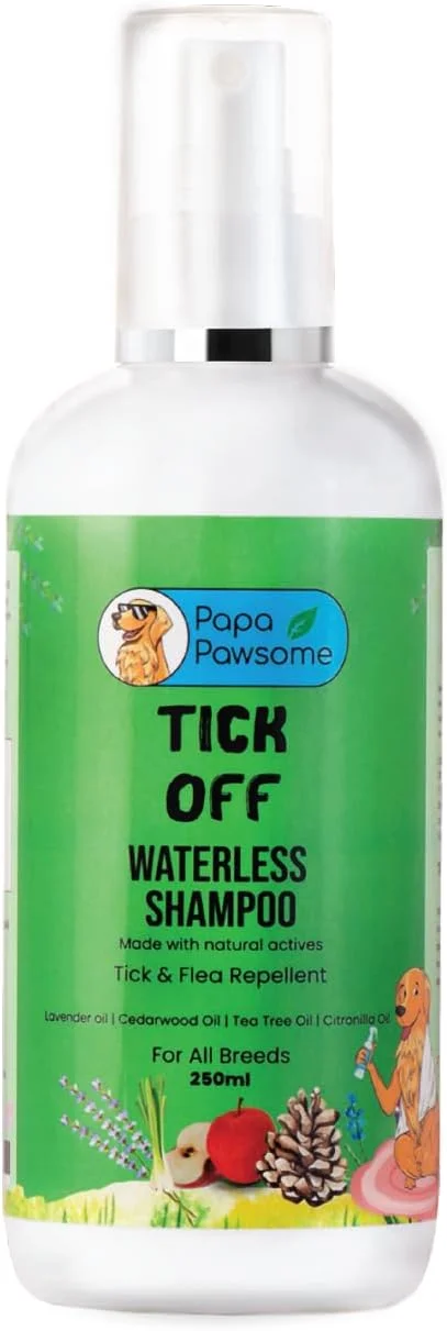شامپو خشک بدون آب سگ/توله سگ Papa Pawsome Tick Off | با مواد طبیعی | شامپو خشک ضد کنه | دفع کننده کک، لارو و شپش | استفاده آسان به صورت اسپری | غنی شده با روغن درخت چای | 250 میلی لیتر