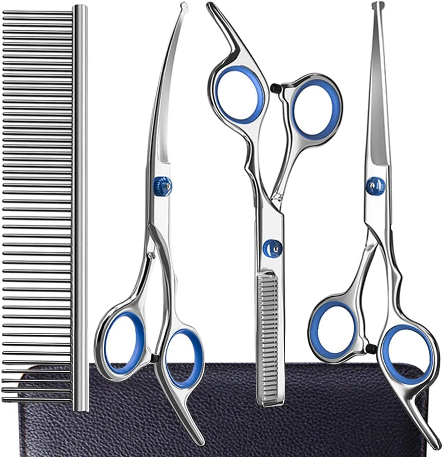 قیچی آرایشی منحنی رو به بالای استیل ضد زنگ TERRIFI، بسته 4 عددی، به همراه شانه آرایشی حیوانات خانگی برای سگ و گربه