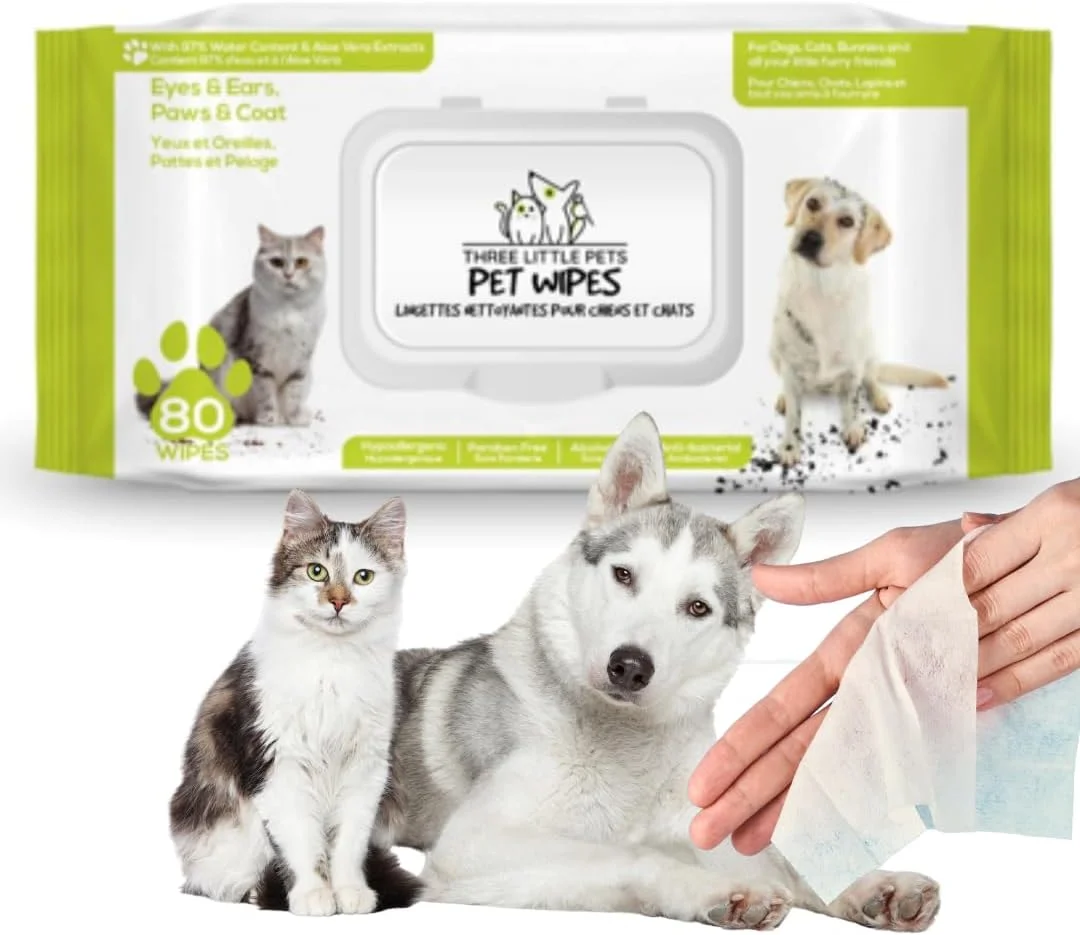 دستمال مرطوب حیوانات خانگی حاوی عصاره آلوئه ورا، ضد باکتری، بدون بو و ضد حساسیت تری لیتل پتس - 80 عدد