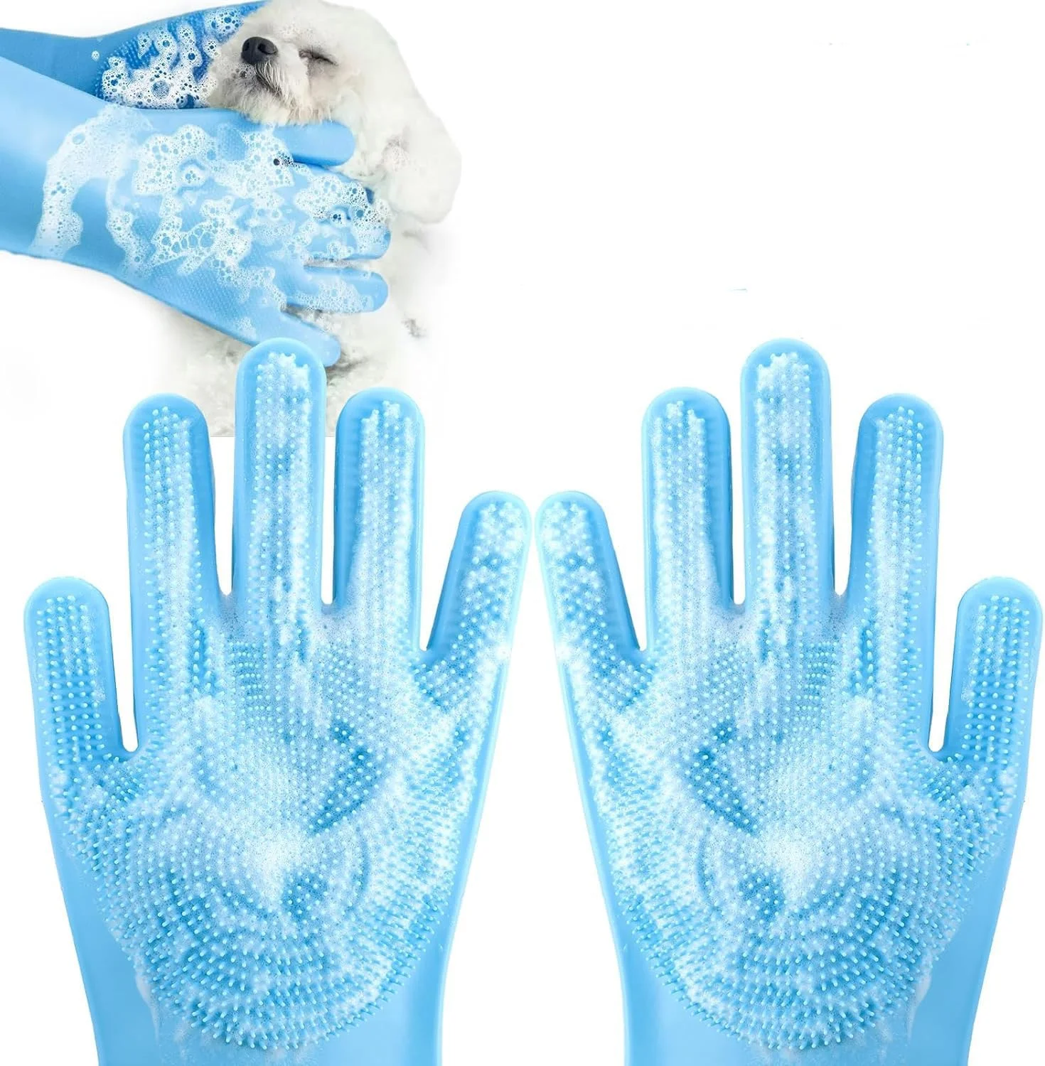 دستکش های نظافت حیوانات خانگی TERRIFI، دستکش های آشپزخانه، دستکش های بزرگ شستشو، دستکش های حمام گربه و سگ با تراکم بالا، دستکش های حمام سیلیکونی مقاوم در برابر حرارت برای سگ ها و گربه ها، برای سگ های کوچک، متوسط ​​و بزرگ، آبی