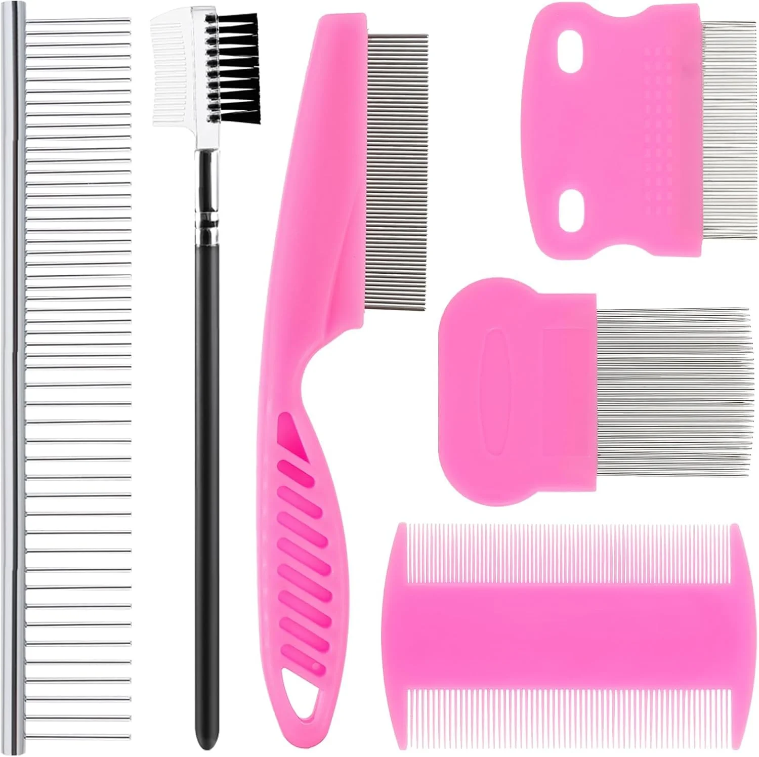 مجموعه 6 عددی شانه چشم سگ Tazweeq، شانه دندانه ریز و شانه های استیل ضد زنگ حیوانات خانگی، شانه های حذف لکه اشک، کیت شانه های نظافت حیوانات خانگی، شانه کک، برای سگ های کوچک، حذف گره، پوسته، مخاط، صورتی