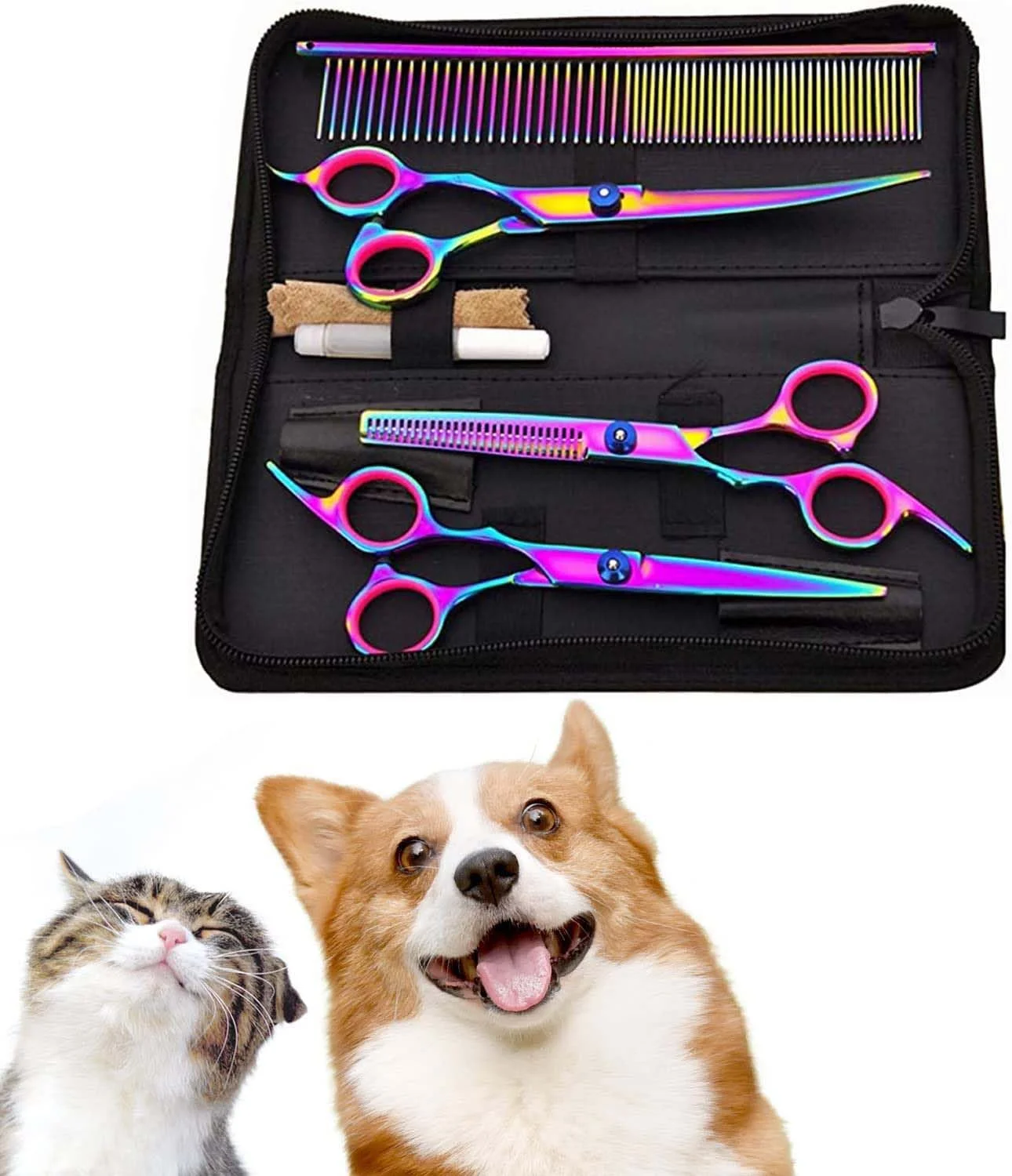 ست قیچی آرایشگری سگ SYOSI، ست قیچی رنگارنگ حیوانات خانگی، ست قیچی دندانه دار برای کوتاه کردن موی حیوانات خانگی، قیچی شانه ای استیل ضد زنگ برای نازک کردن مو، ست قیچی منحنی 7 اینچی برای آرایش سگ و گربه