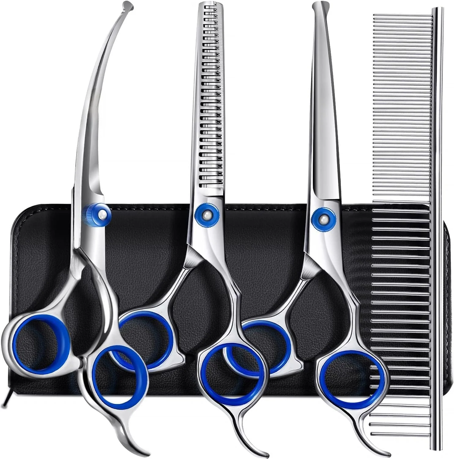 ست قیچی آرایشگری سگ SWIUKPHE با روکش تیتانیومی و فولاد ضد زنگ - شامل قیچی های پیتاژ، صاف، منحنی به همراه شانه - کیت پیرایش عالی برای موهای بلند و کوتاه، مناسب برای گربه و سایر حیوانات خانگی