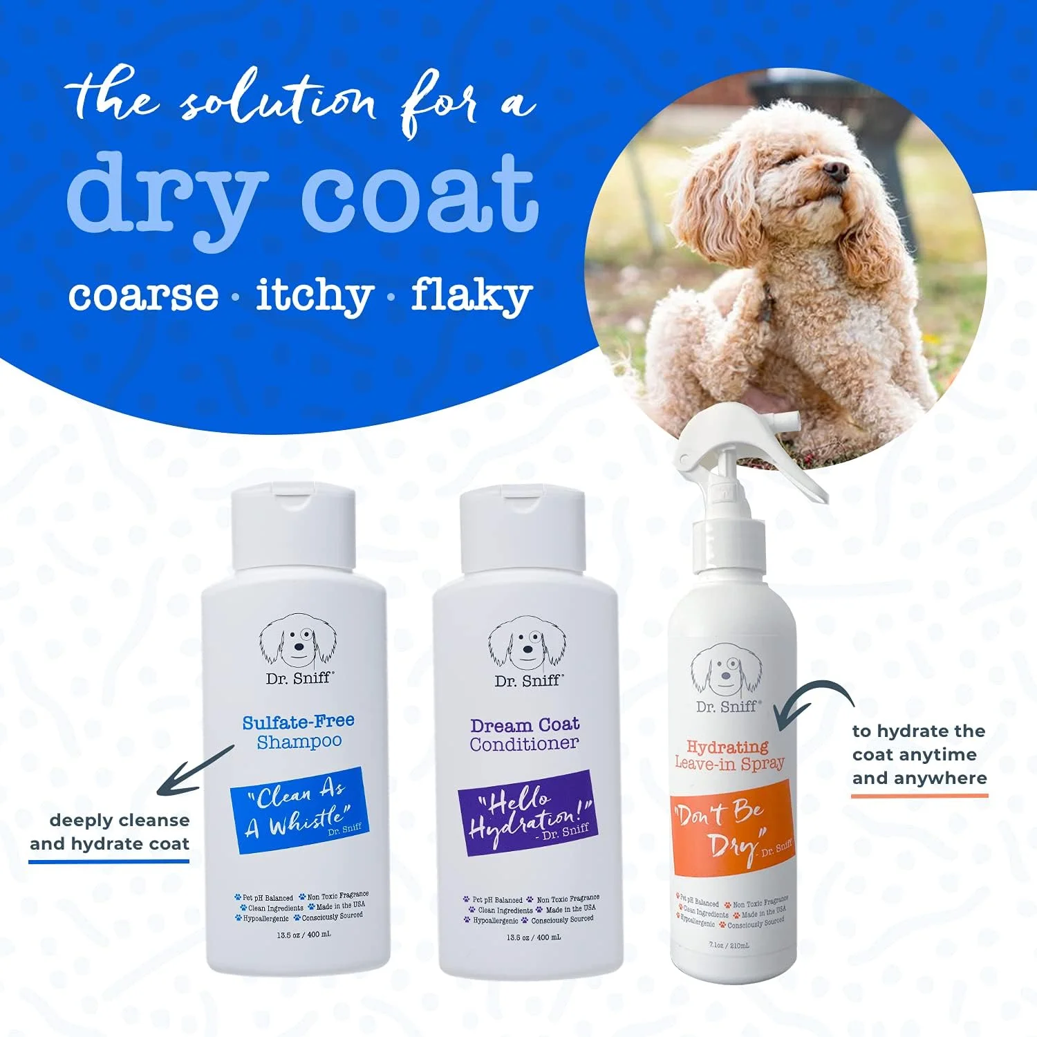 شامپو سگ بدون سولفات، ایمن برای پوست های حساس، خوشبو کننده پوشش بدن برای طراوت ماندگار، فرمول ضد حساسیت، آبرسان پوشش بدن و پوست، کاهش خارش، ساخت آمریکا، 400 میلی لیتر