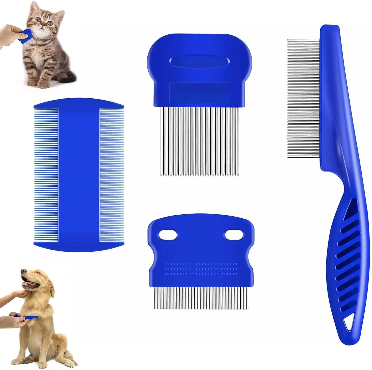 ست 4 عددی شانه کک و شپش، شانه های نظافت سگ و گربه استیل ضد زنگ با دندانه های گرد، ابزار حرفه ای دو طرفه برای از بین بردن لکه های اشک حیوانات خانگی، ابزار باز کردن گره برای حیوانات خانگی کوچک، متوسط و بزرگ