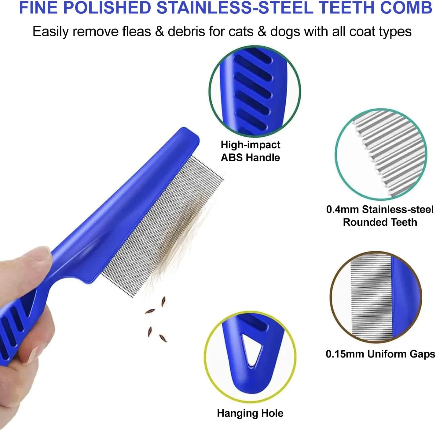 ست 4 عددی شانه کک و شپش، شانه های نظافت سگ و گربه استیل ضد زنگ با دندانه های گرد، ابزار حرفه ای دو طرفه برای از بین بردن لکه های اشک حیوانات خانگی، ابزار باز کردن گره برای حیوانات خانگی کوچک، متوسط و بزرگ