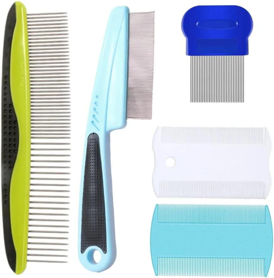 ست 5 عددی شانه سگ، شانه کک و شپش با دندانه های گرد استیل ضد زنگ برای سگ و گربه های خانگی، شانه پلاستیکی حرفه ای برای نظافت سگ های کوچک، متوسط و بزرگ، از بین بردن گره و موهای درهم