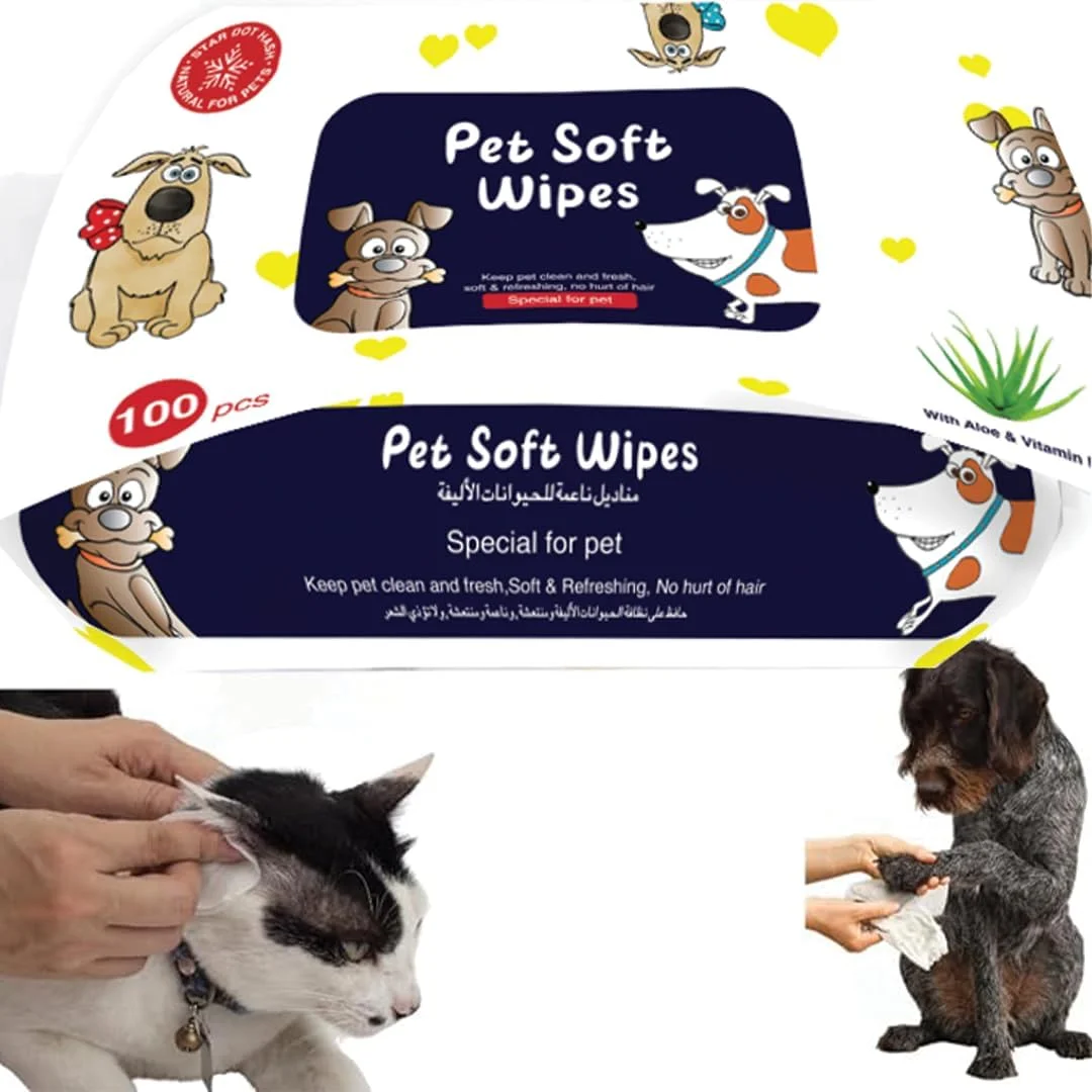 دستمال مرطوب حیوانات خانگی StarDotHash، بسته 100 عددی، مناسب تمیز کردن بدن، پوست و قسمت زیر دم | دستمال مرطوب سگ و گربه 15 * 22 سانتی متر حاوی آلوئه ورا و ویتامین E برای تمیز کردن پنجه ها - دستمال مرطوب فوق العاده ضخیم و نرم برای نظافت ملایم و صاف حیوانات خانگی