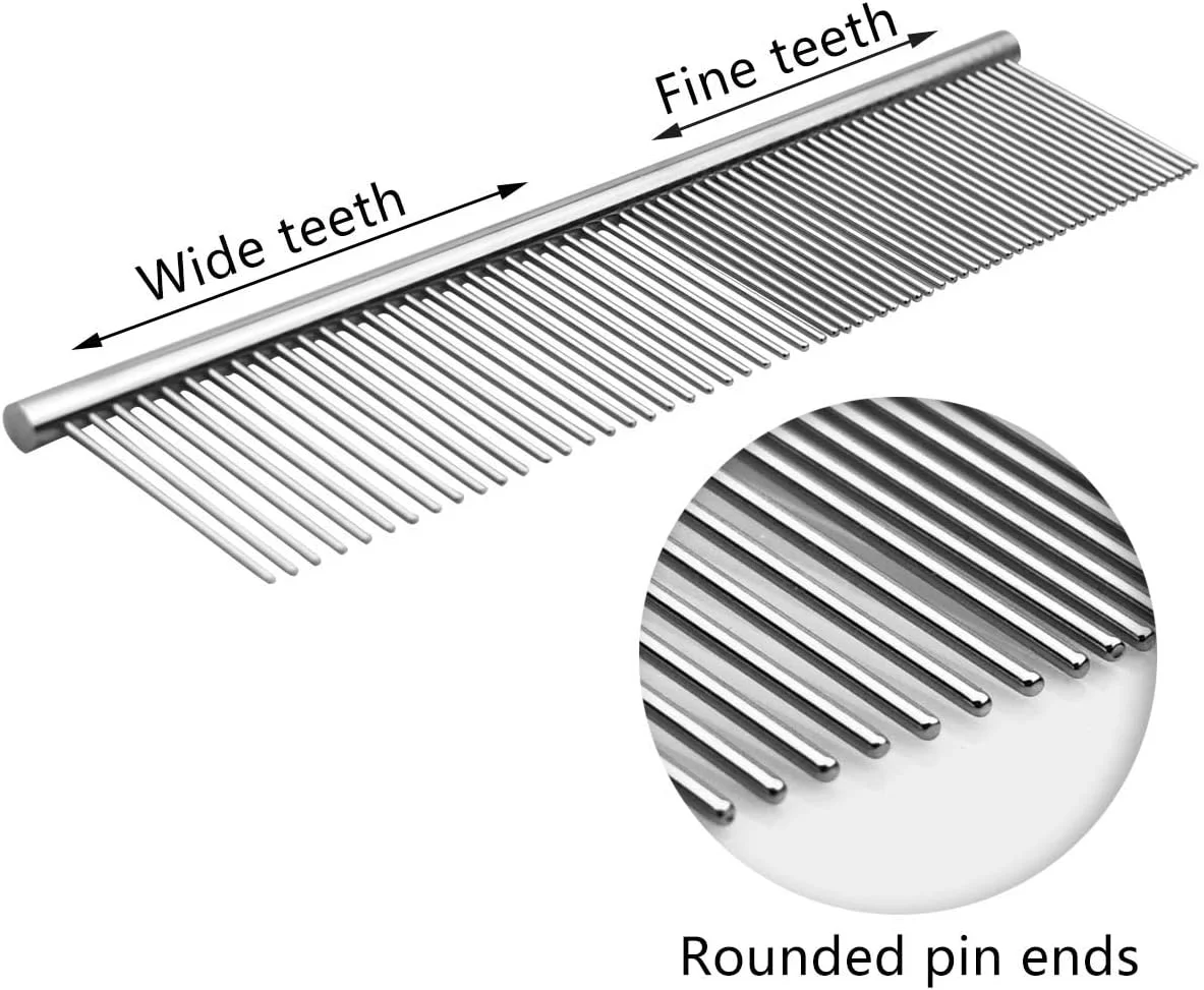 شانه فلزی حیوانات خانگی، شانه نظافت سگ و گربه از جنس استیل ضد زنگ با سرهای گرد، شانه دندانه استیل برای گربه ها، ابزار نظافت حرفه ای برای سگ های مو بلند و مو کوتاه