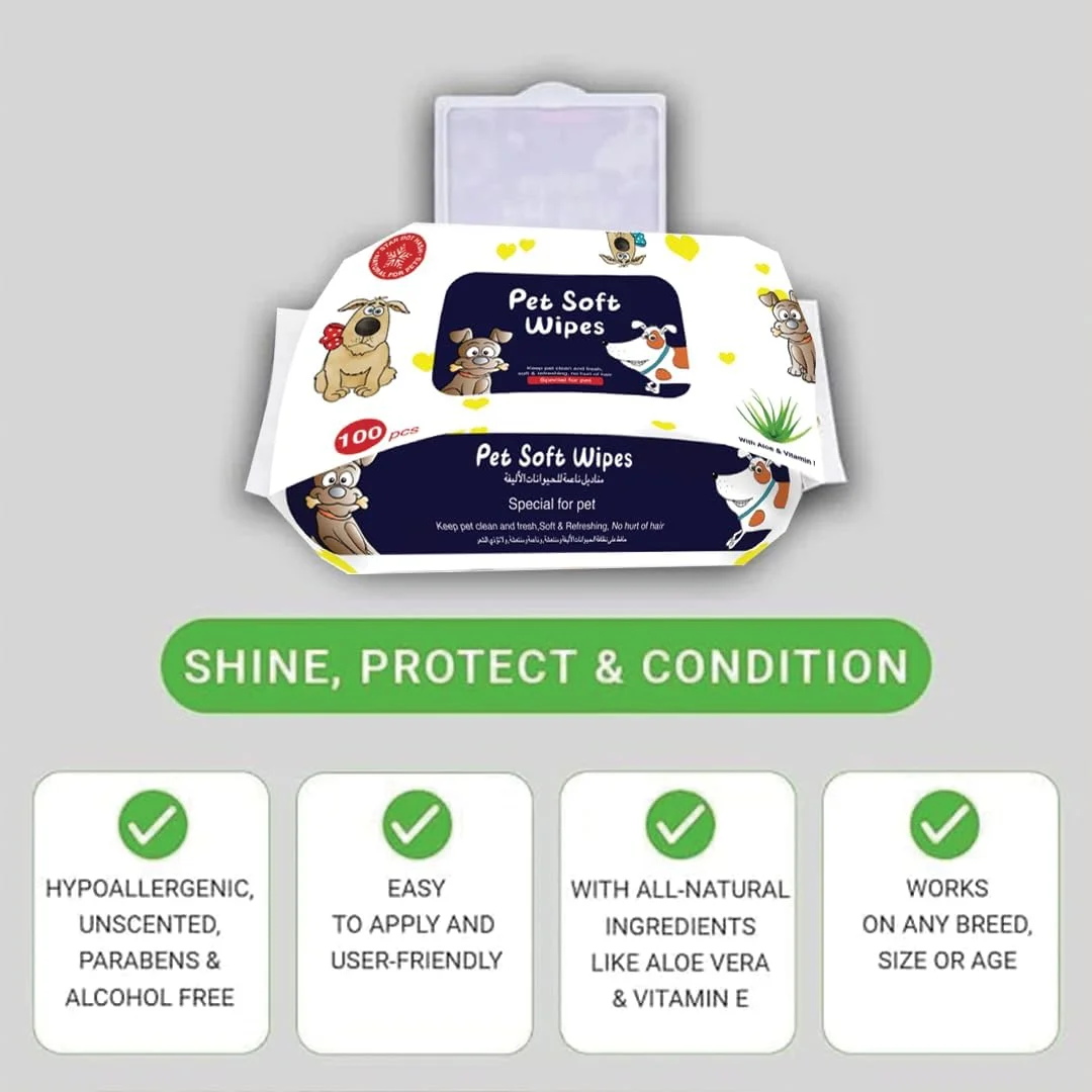 دستمال مرطوب حیوانات خانگی StarDotHash، بسته 100 عددی، مناسب تمیز کردن بدن، پوست و قسمت زیر دم | دستمال مرطوب سگ و گربه 15 * 22 سانتی متر حاوی آلوئه ورا و ویتامین E برای تمیز کردن پنجه ها - دستمال مرطوب فوق العاده ضخیم و نرم برای نظافت ملایم و صاف حیوانات خانگی