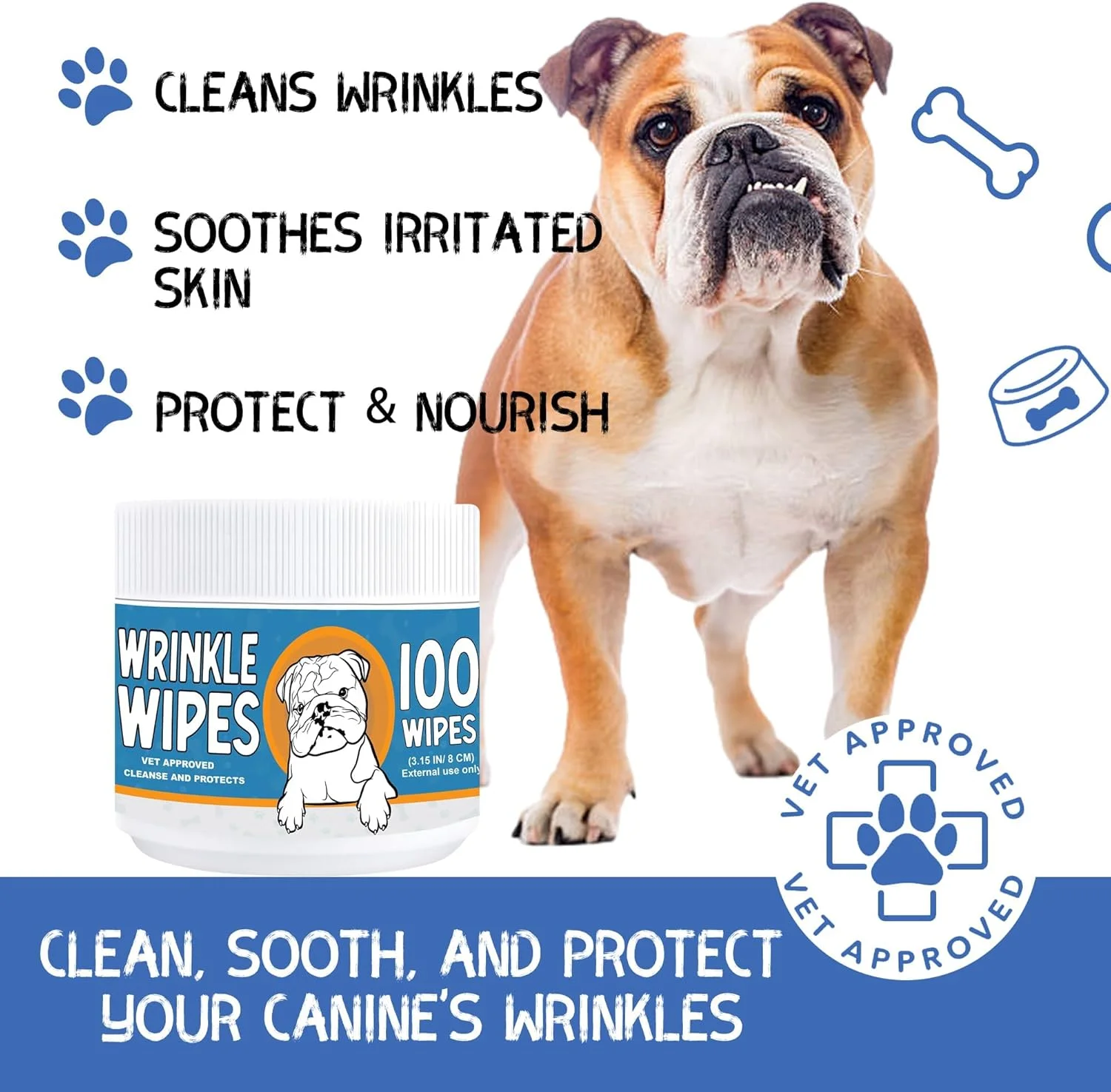 دستمال مرطوب چروک صورت سگ Spanielbuns - بسته 100 عددی، مناسب برای بولداگ فرانسوی، بولداگ انگلیسی، پاگ - دستمال مرطوب 3.15 اینچی برای تمیز کردن و تسکین چروک ها، چین ها و پاکت های دمی