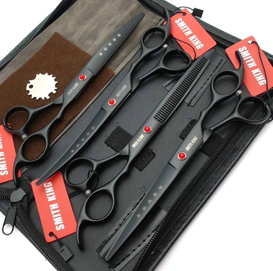 ست قیچی آرایشگری حیوانات خانگی Smithking (مشکی مات) - ست 4 عددی قیچی صاف، پیتاژ و منحنی حرفه ای 18 سانتی متری برای آرایش سگ ست قیچی آرایشگری حیوانات خانگی Smithking (مشکی مات) - ست 4 عددی قیچی صاف، پیتاژ و منحنی حرفه ای 18 سانتی متری برای آرایش سگ